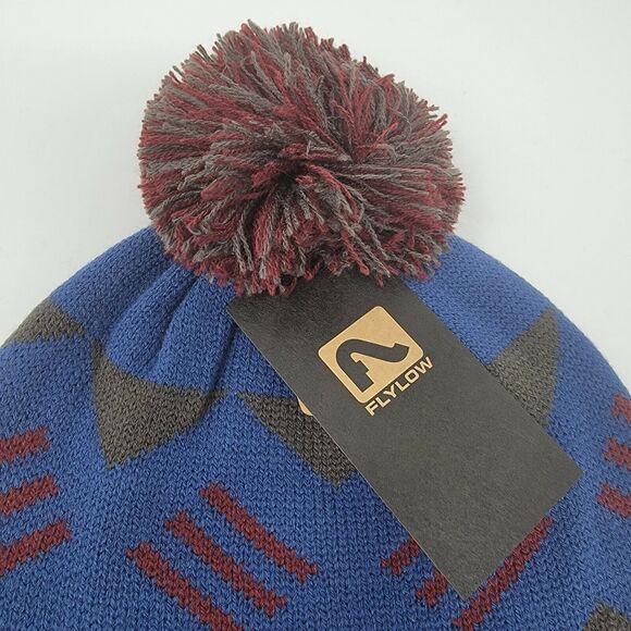 Flylow Revival Pom Beanie Saphire Blue Red Gray Knit Hat Unisex Size OSFM NEW - Picture 3 of 6